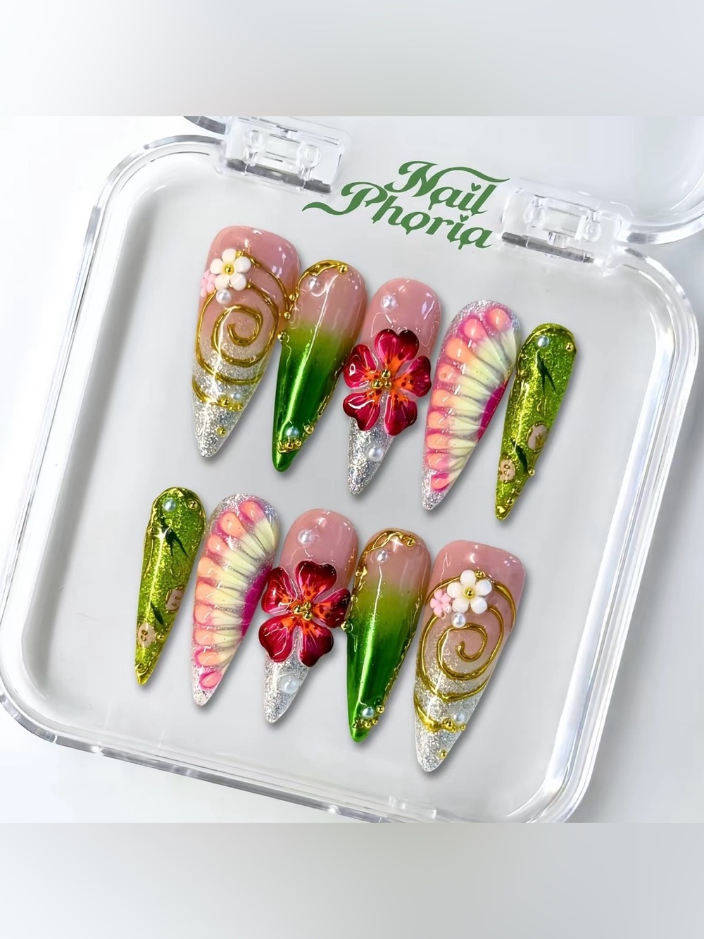 NailPhoria Stiletto Press-On Nail Set - Emerald Flora